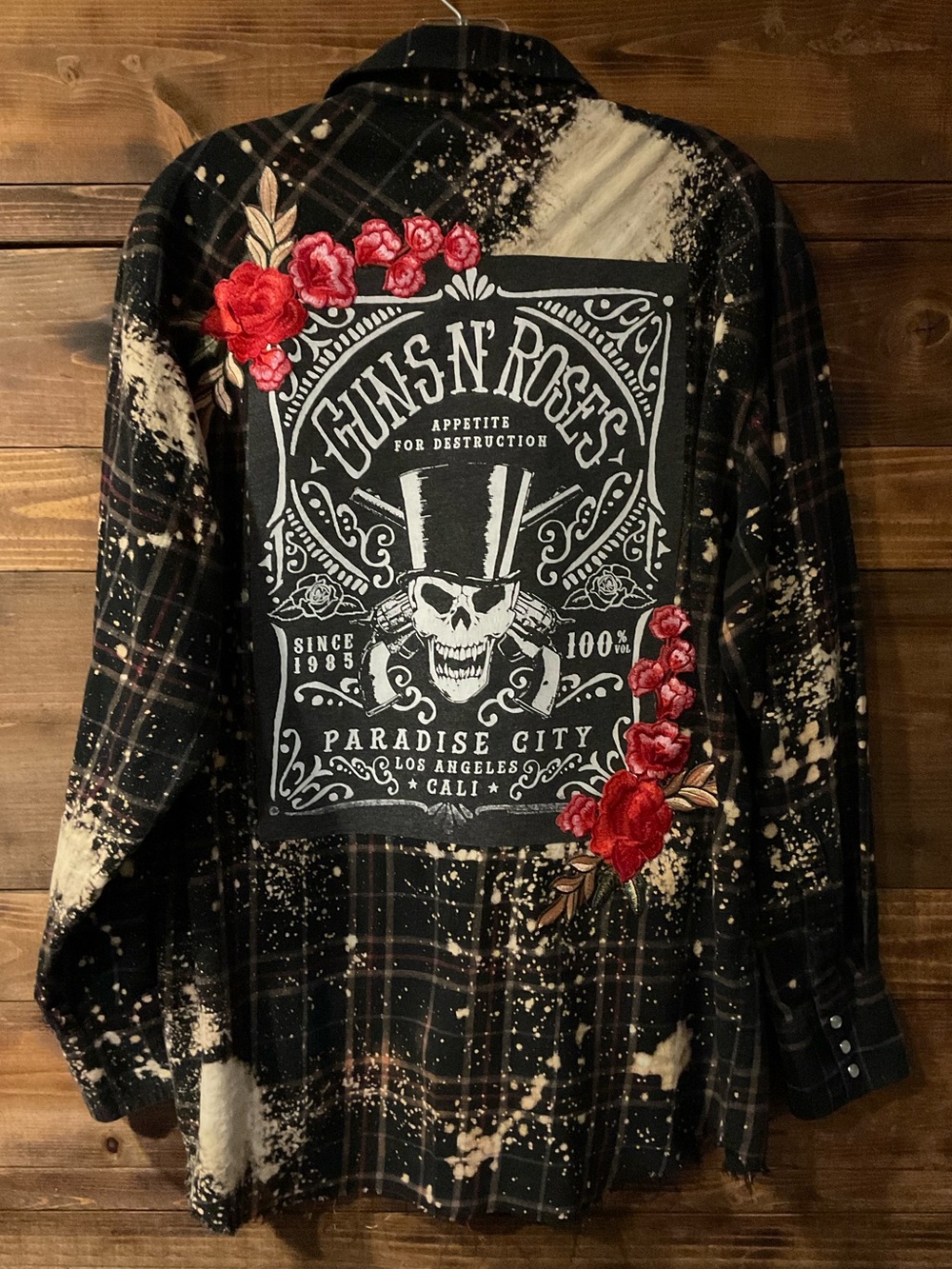 Custom Made GUNS N' ROSES Back Patch Distressed Large Plaid Flannel W/Back Roses